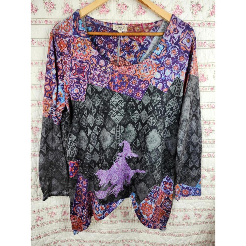 One World Women's XL Long Sleeve Patchwork Top with Witch Design